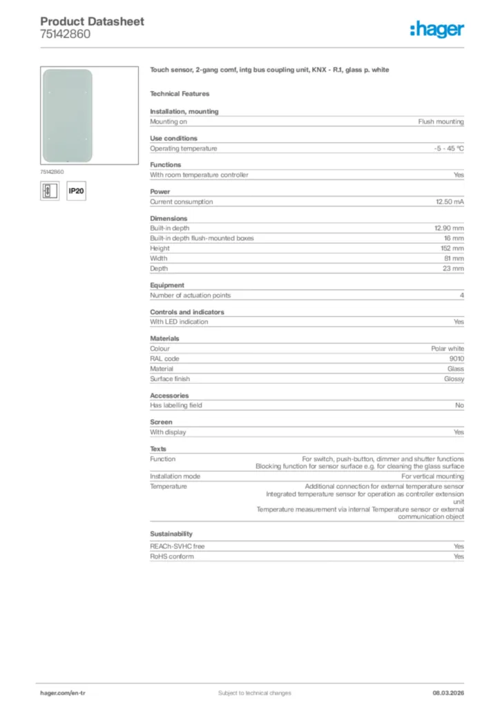 Image Hager Product data sheet 75142860  | Hager