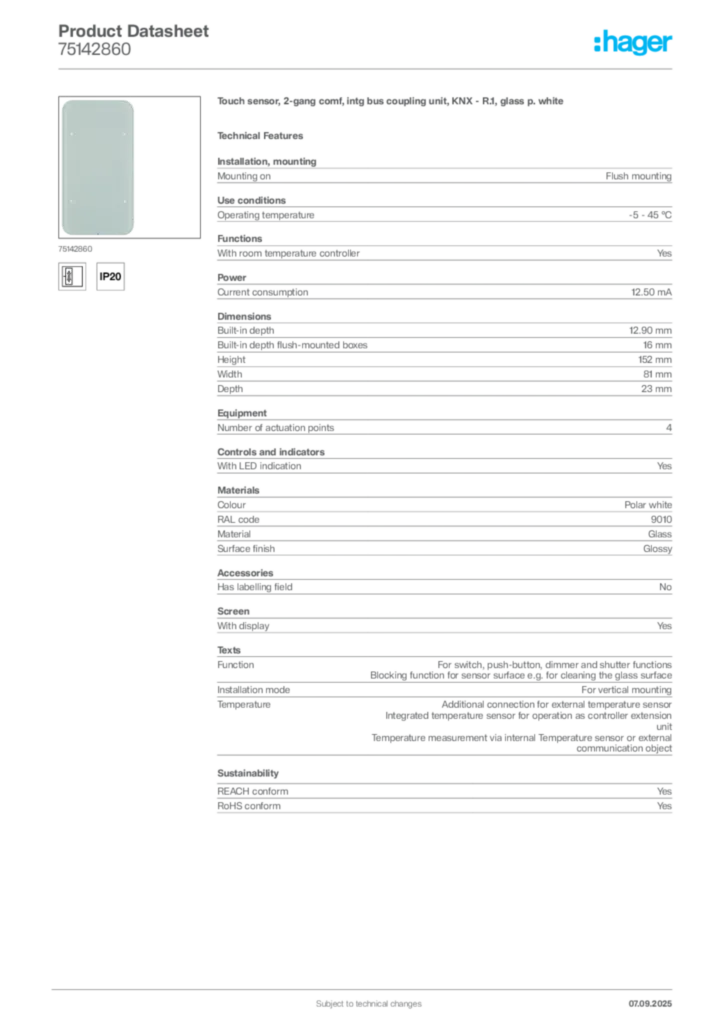 Image Hager Product data sheet 75142860  | Hager