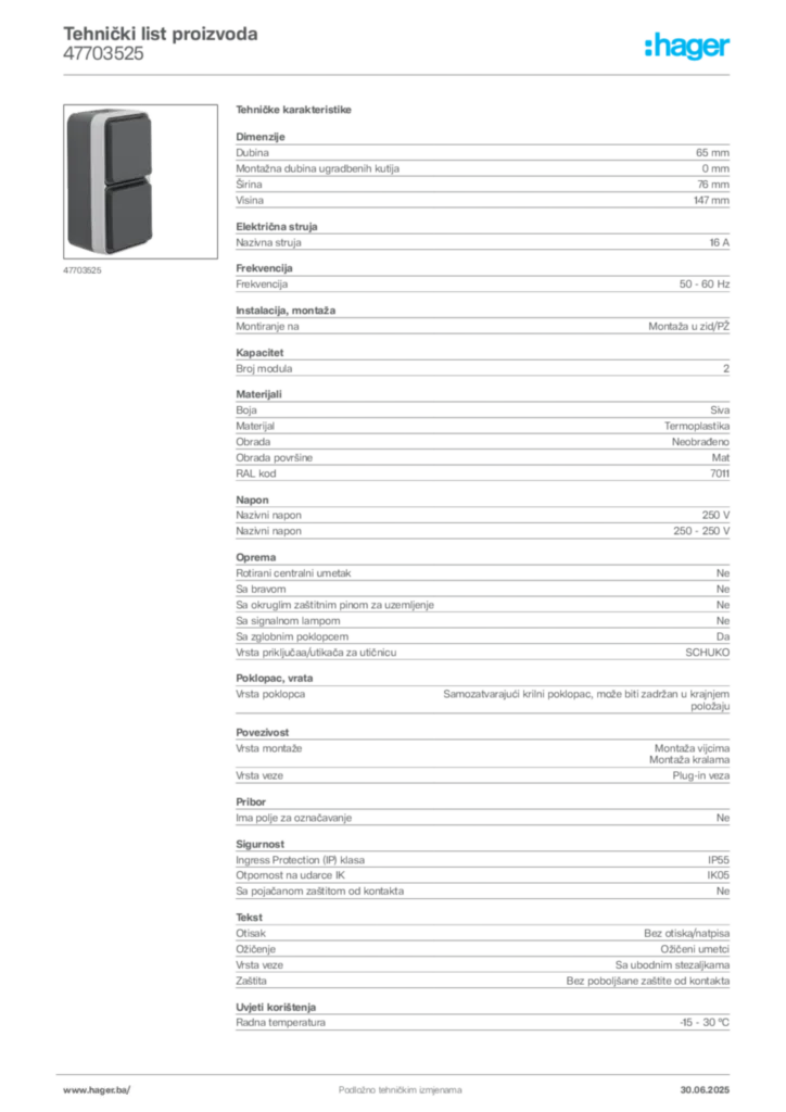 Slika Hager Product data sheet 47703525  | Hager