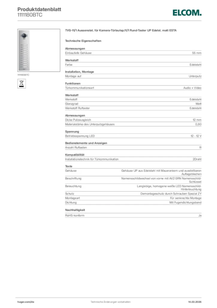 Bild Elcom Produktdatenblatt 1111180BTC | Hager Deutschland