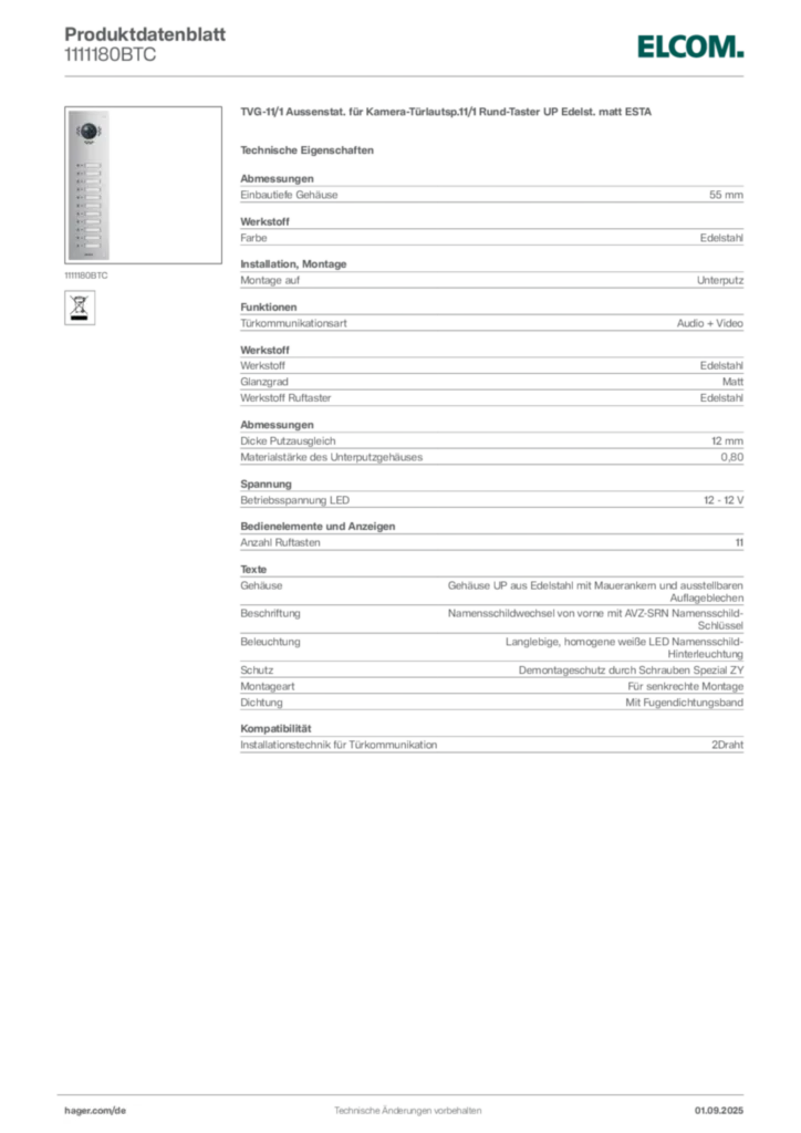 Bild Elcom Produktdatenblatt 1111180BTC | Hager Deutschland