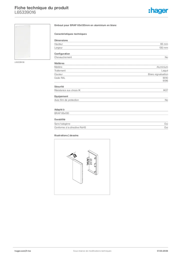 Image Hager Fiche technique du produit L65339016 | Hager Belgique
