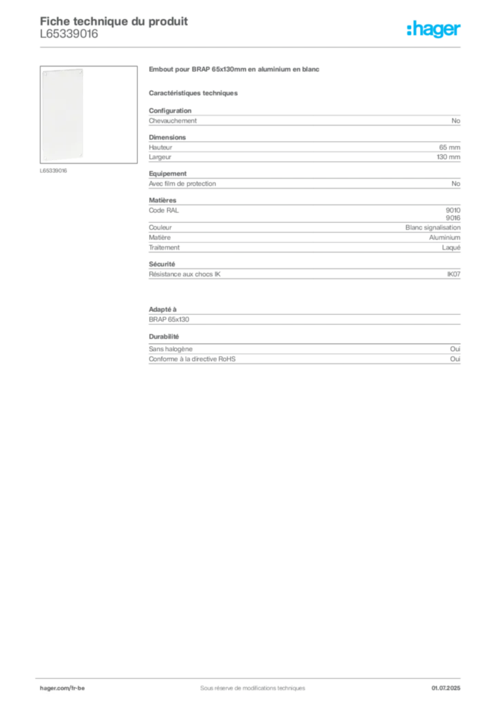 Image Hager Fiche technique du produit L65339016 | Hager Belgique