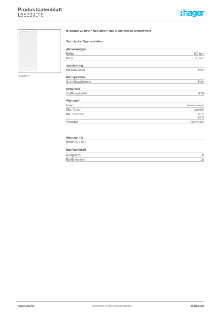 Bild Hager Produktdatenblatt L65339016 | Hager Deutschland