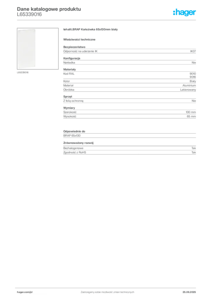 Zdjęcie Hager Karta katalogowa L65339016 | Hager Polska