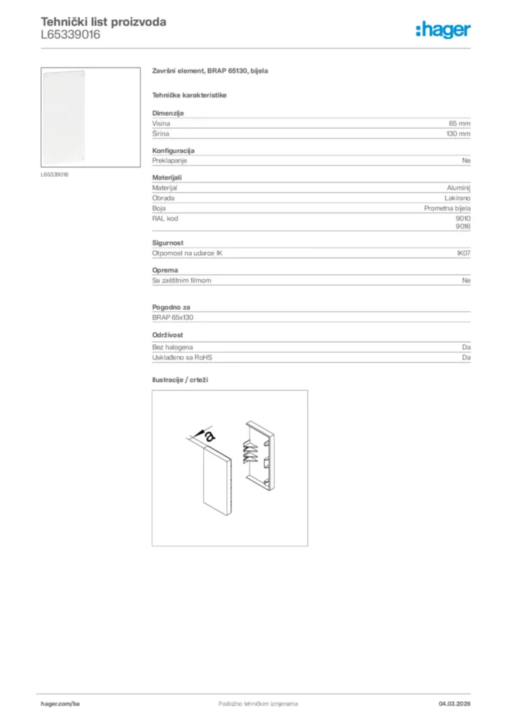Slika Hager Tehnički list proizvoda L65339016  | Hager