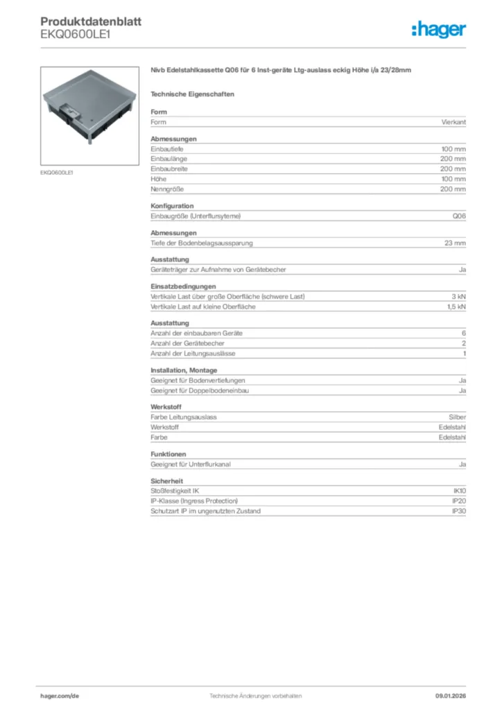 Bild Hager Produktdatenblatt EKQ0600LE1 | Hager Deutschland