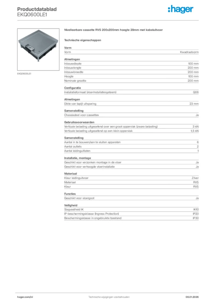 Afbeelding Hager Productdatablad EKQ0600LE1 | Hager Nederland