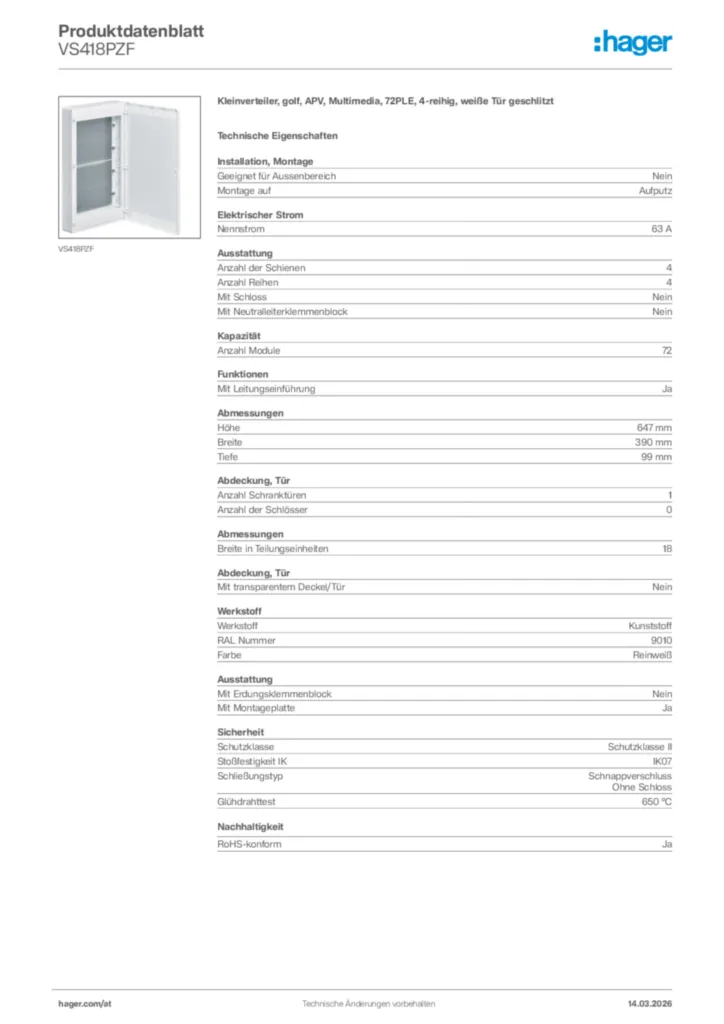 Bild Hager Produktdatenblatt VS418PZF | Hager Deutschland