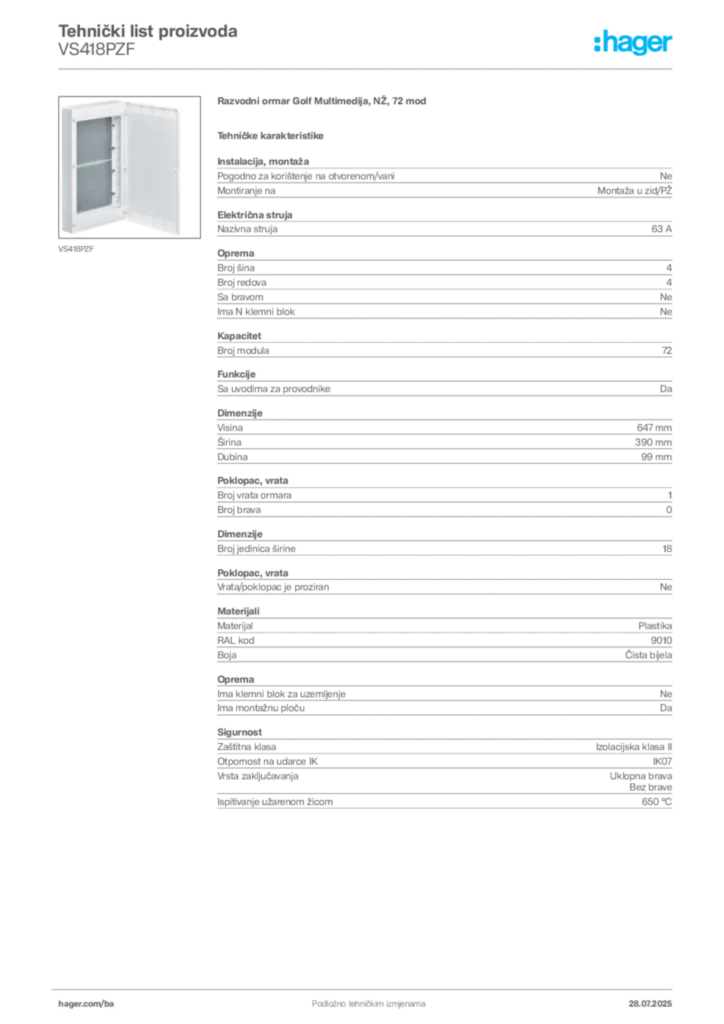 Slika Hager Product data sheet VS418PZF  | Hager