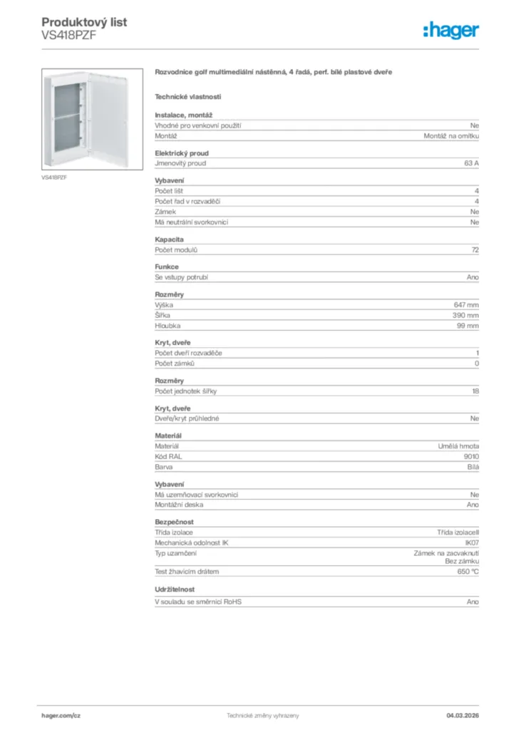 Obrázek Hager Product data sheet VS418PZF | Hager