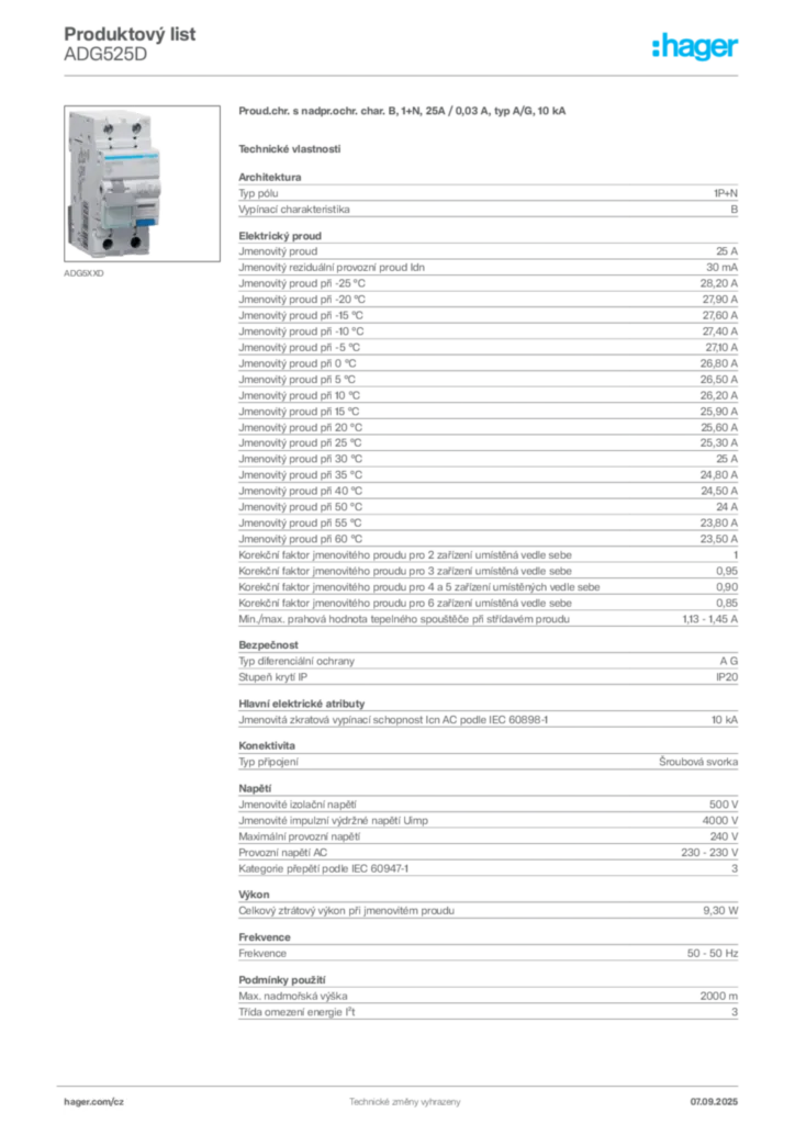 Obrázek Hager Produktový list ADG525D | Hager