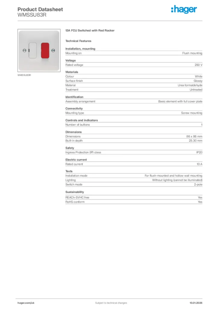 Image Hager Product data sheet WMSSU83R  | Hager