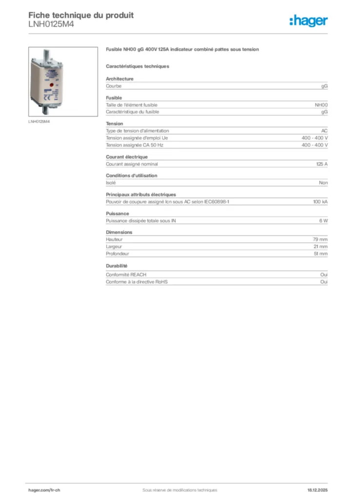 Image Hager Fiche technique du produit LNH0125M4 | Hager Suisse