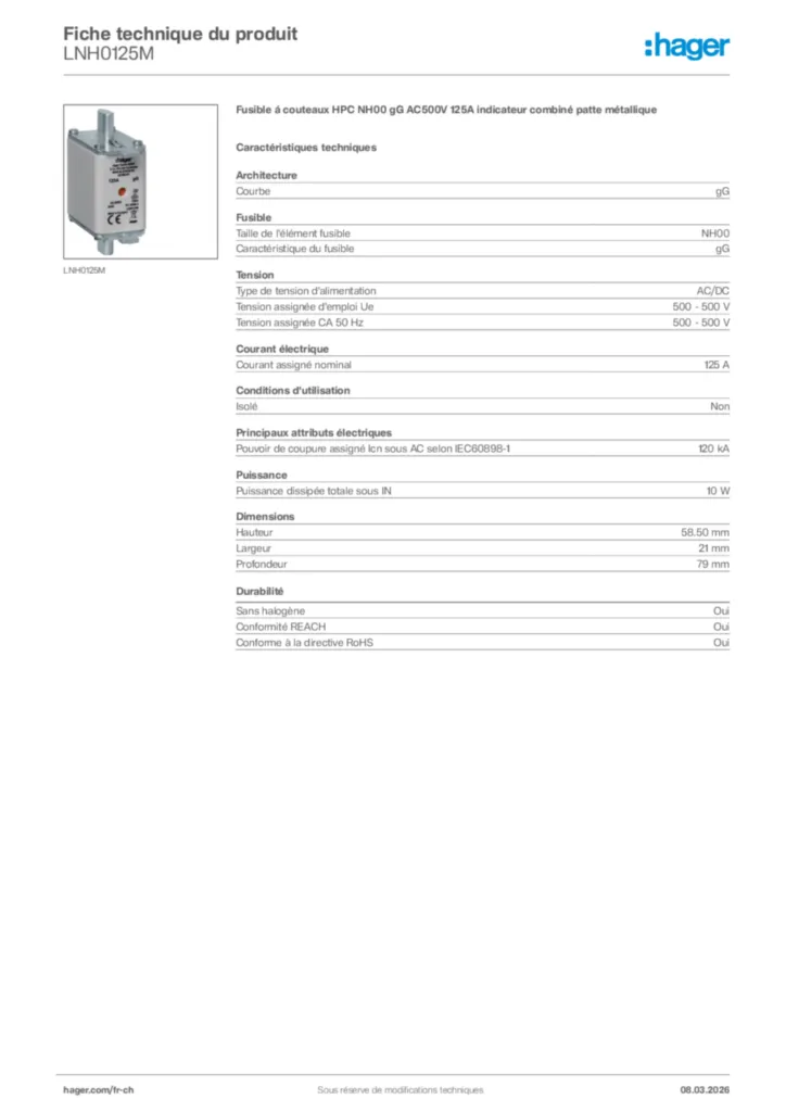 Image Hager Fiche technique du produit LNH0125M | Hager Suisse