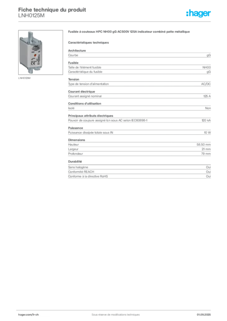 Image Hager Fiche technique du produit LNH0125M | Hager Suisse