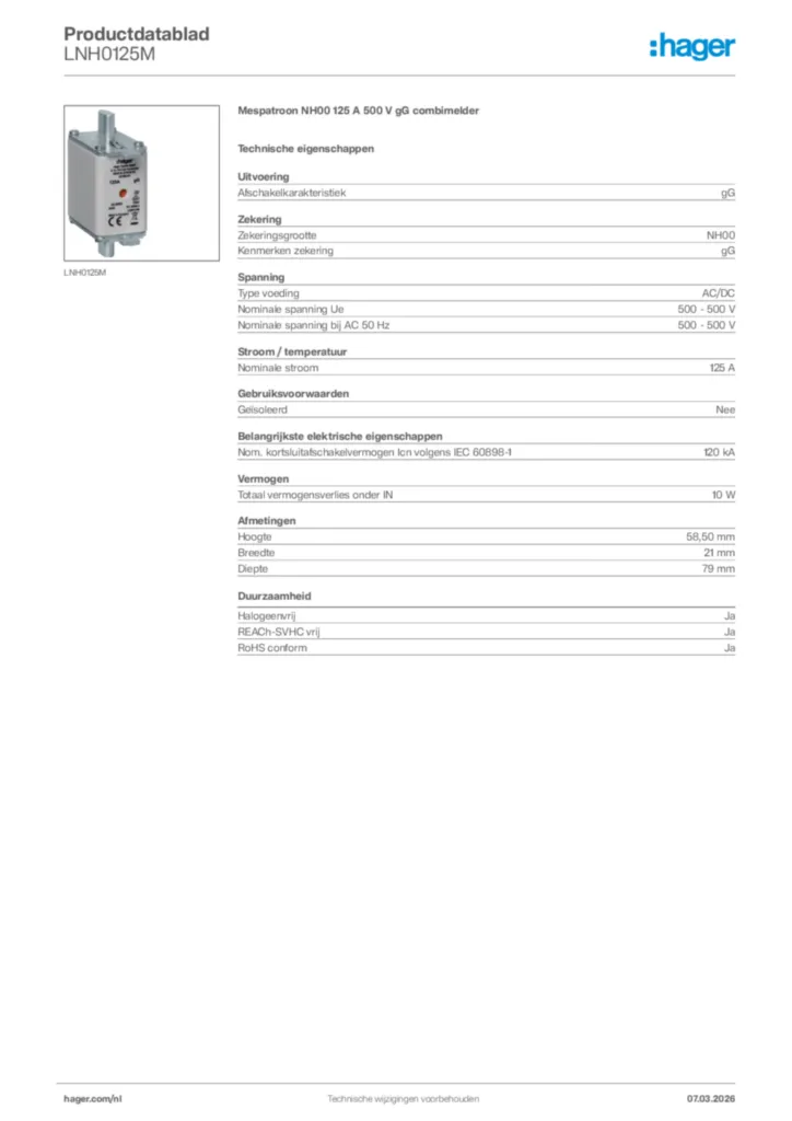 Afbeelding Hager Productdatablad LNH0125M | Hager Nederland