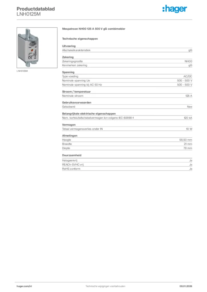 Afbeelding Hager Productdatablad LNH0125M | Hager Nederland