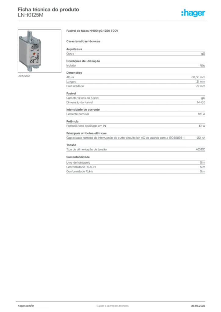 Imagem Hager Ficha técnica do produto LNH0125M | Hager Portugal