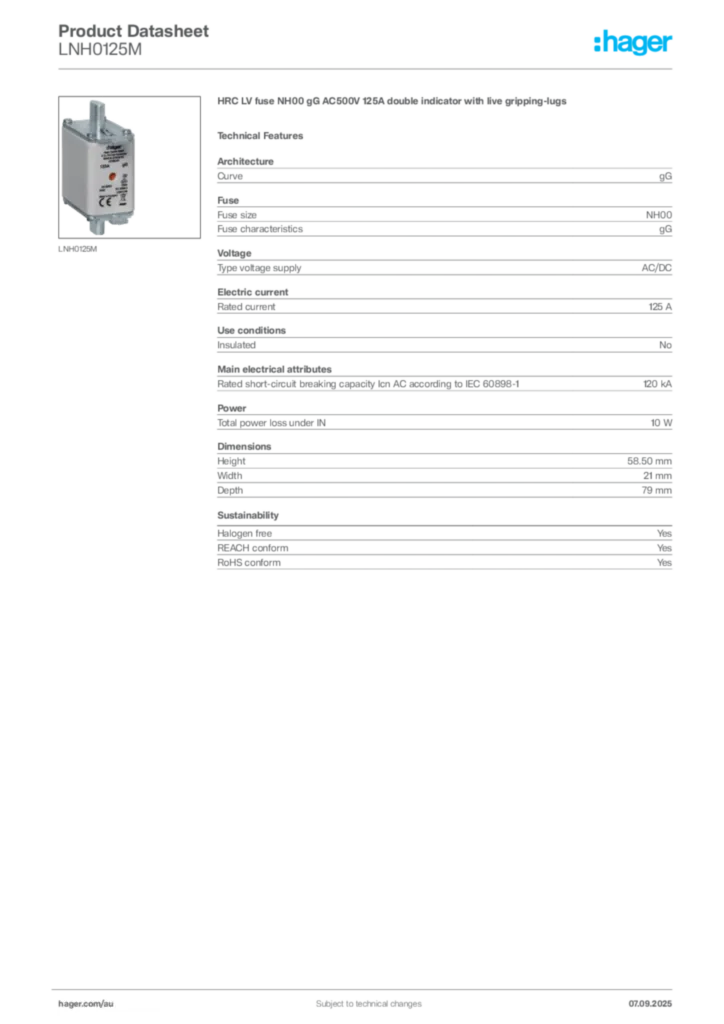 Image Hager Product data sheet LNH0125M  | Hager Australia