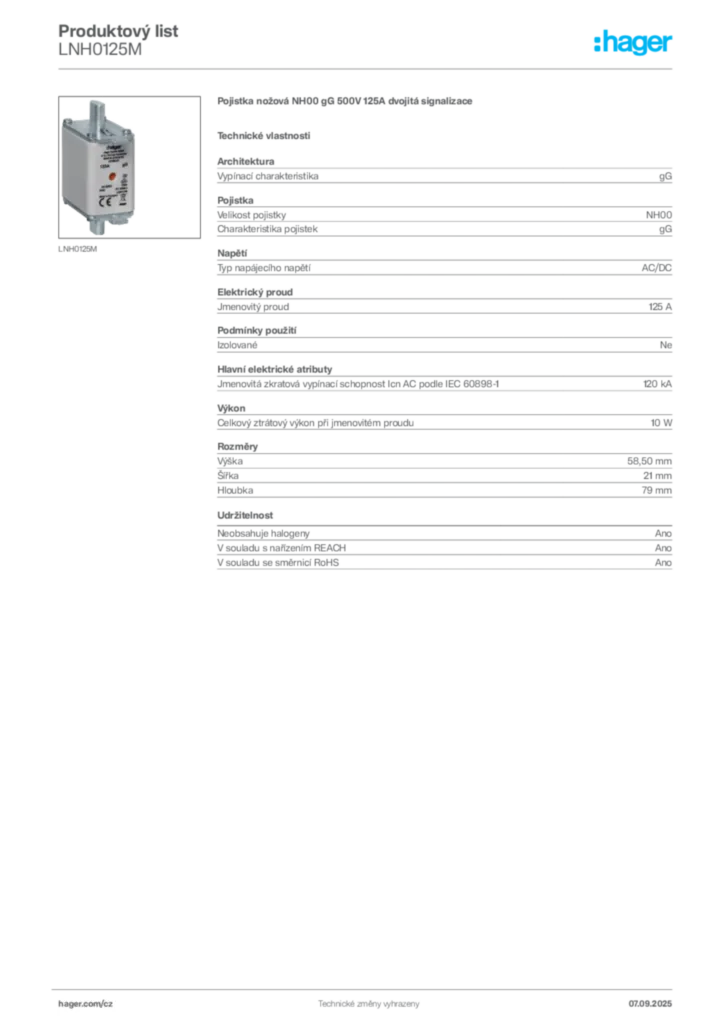 Obrázek Hager Produktový list LNH0125M | Hager