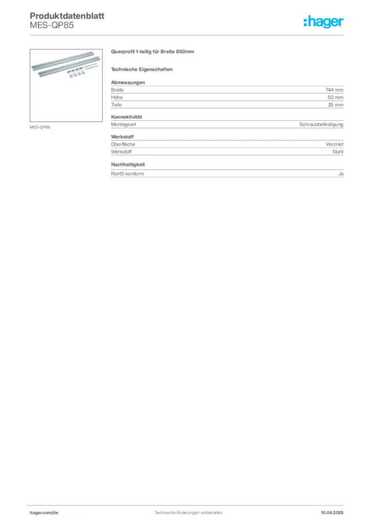 Bild Hager Produktdatenblatt MES-QP85 | Hager Deutschland