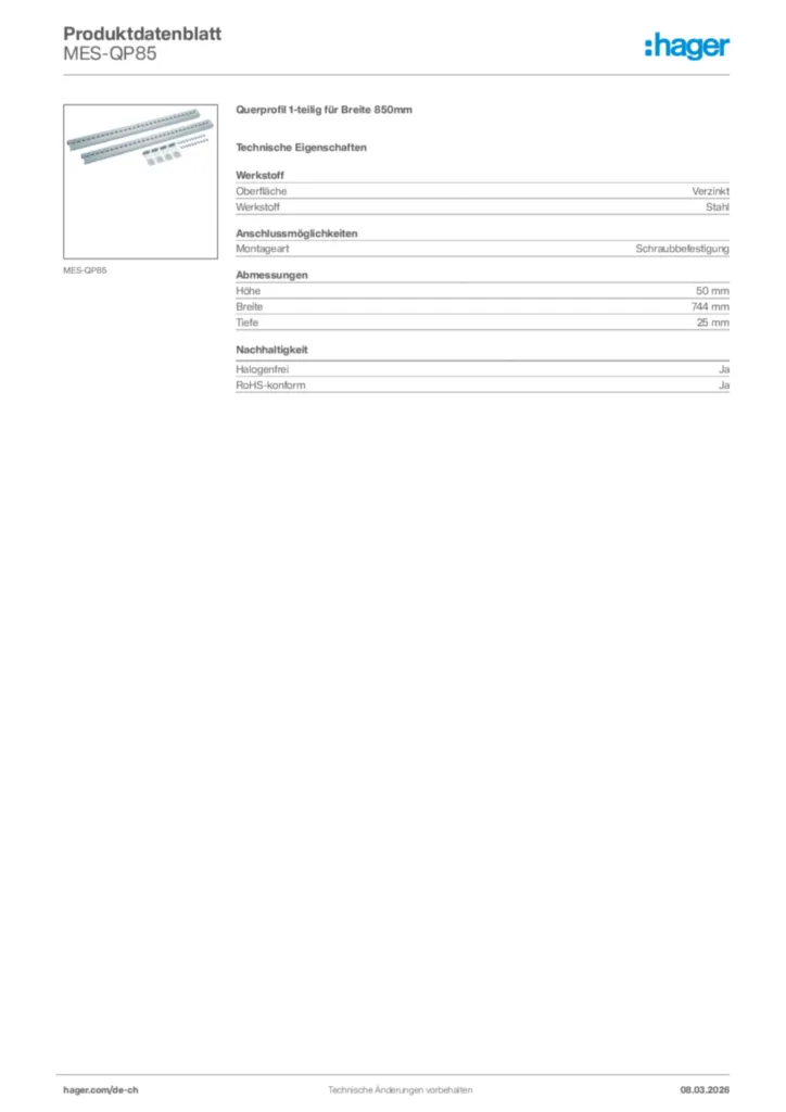 Bild Hager Produktdatenblatt MES-QP85 | Hager Schweiz