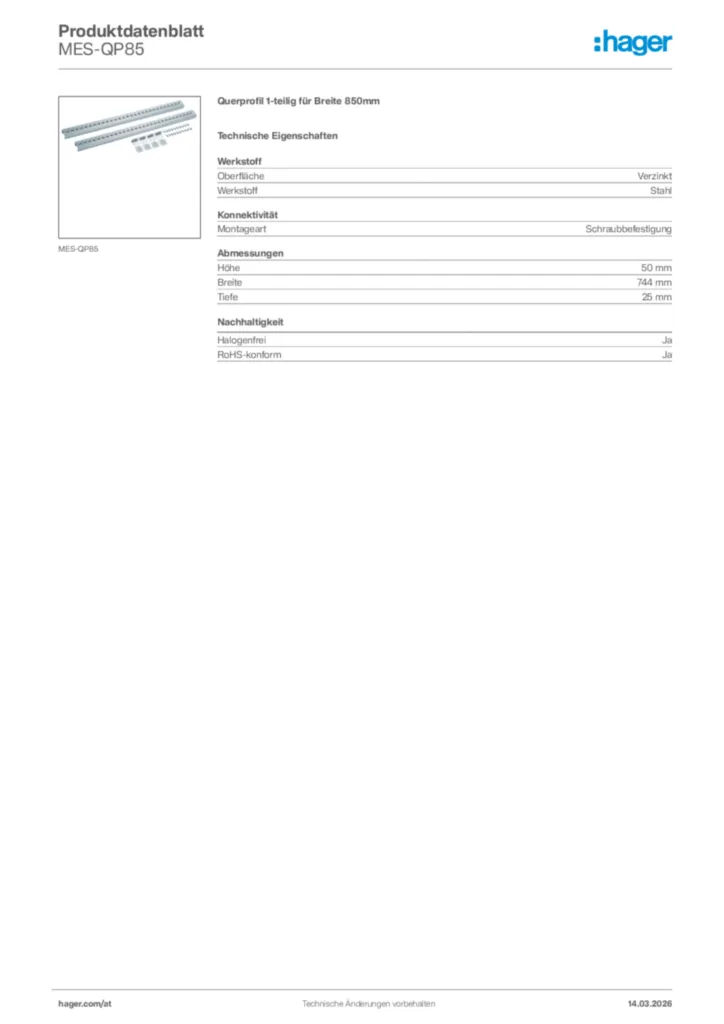 Bild Hager Produktdatenblatt MES-QP85 | Hager Deutschland