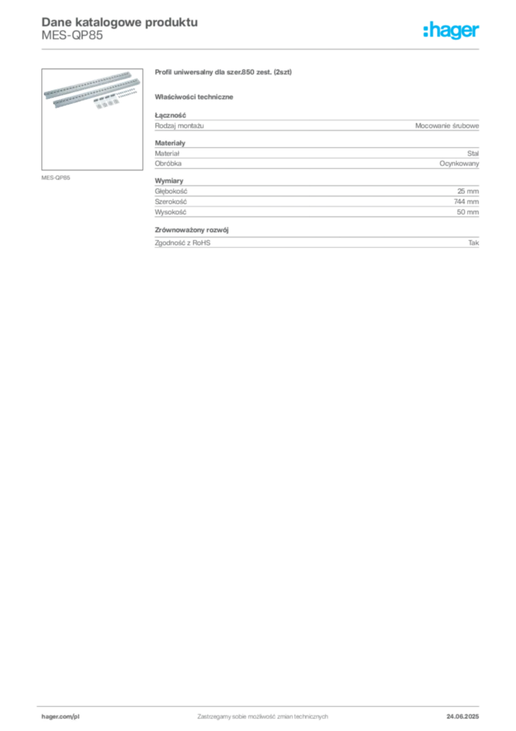 Zdjęcie Hager Karta katalogowa MES-QP85 | Hager Polska
