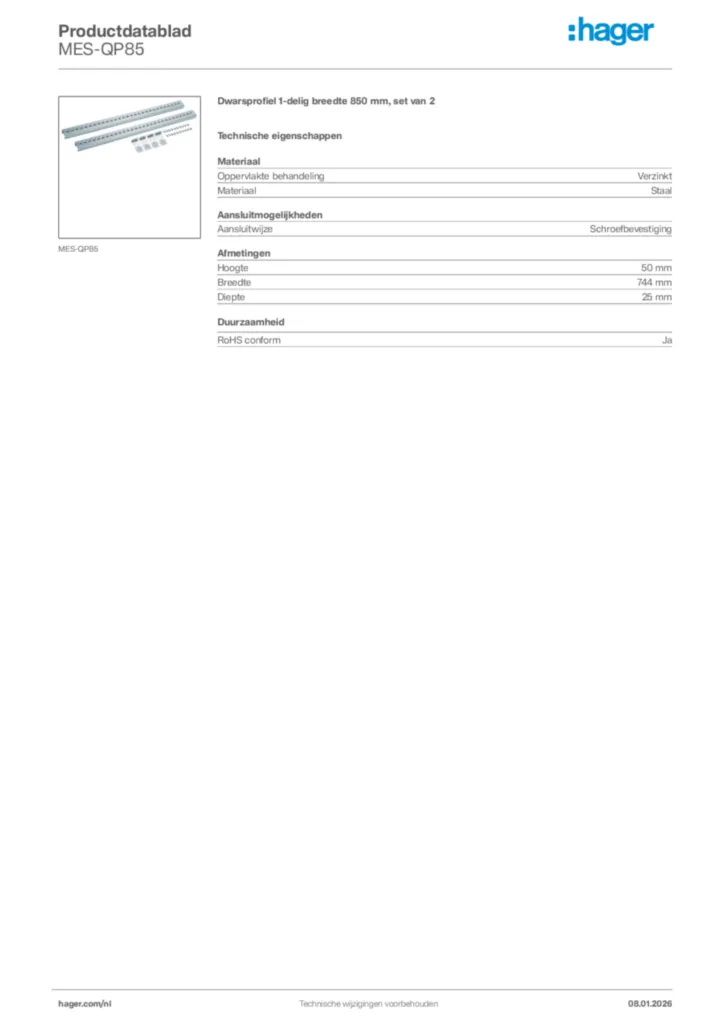 Afbeelding Hager Productdatablad MES-QP85 | Hager Nederland