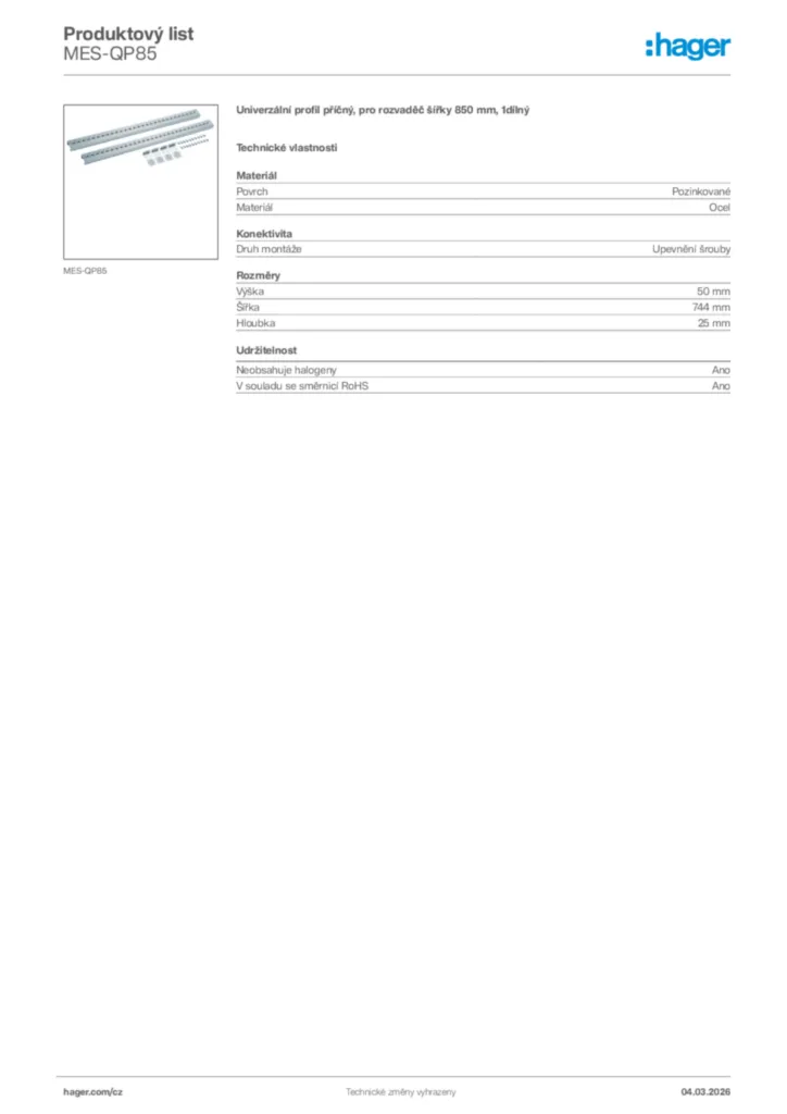 Obrázek Hager Product data sheet MES-QP85 | Hager