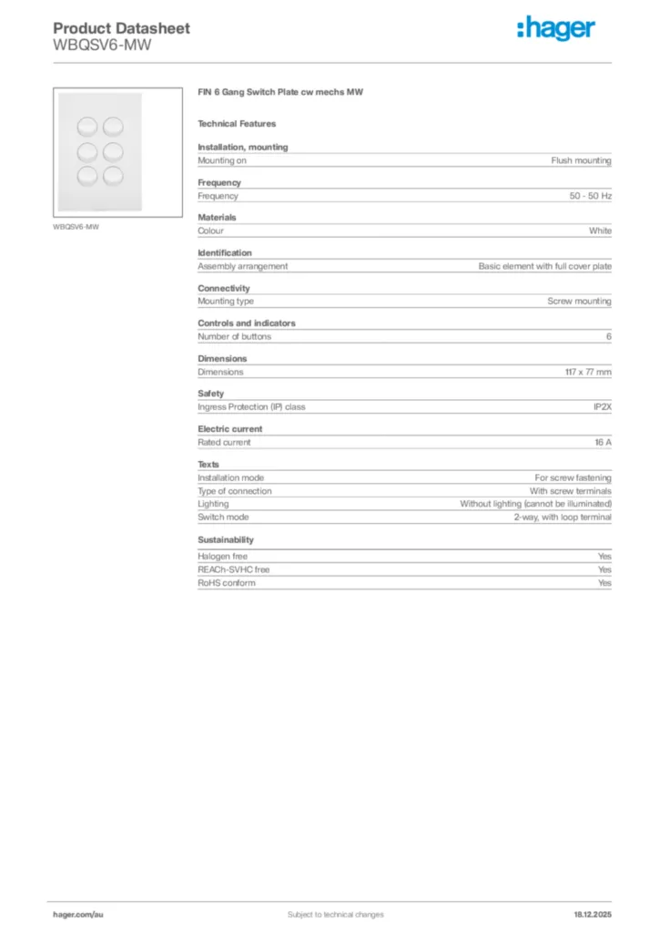 Image Hager Product data sheet WBQSV6-MW  | Hager Australia