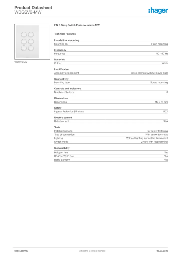 Image Hager Product data sheet WBQSV6-MW  | Hager Australia