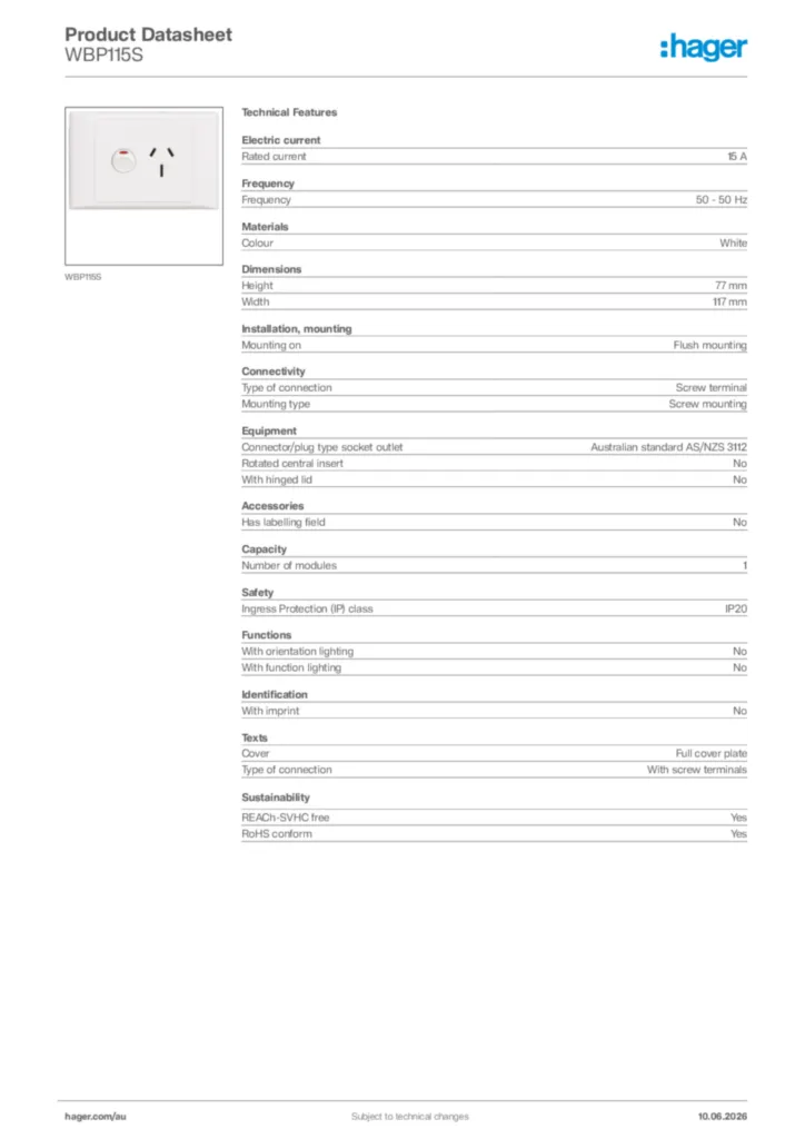 Image Hager Product data sheet WBP115S  | Hager Australia