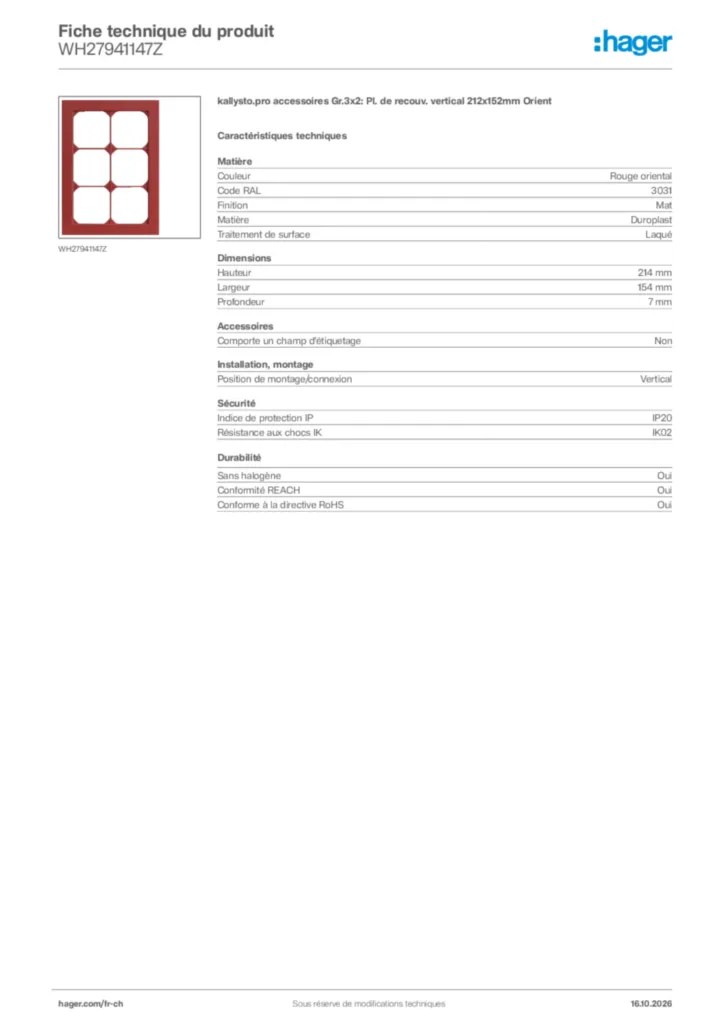 Image Hager Fiche technique du produit WH27941147Z | Hager Suisse