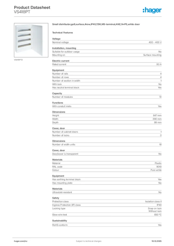 Image Hager Product data sheet VS418PT  | Hager New Zealand