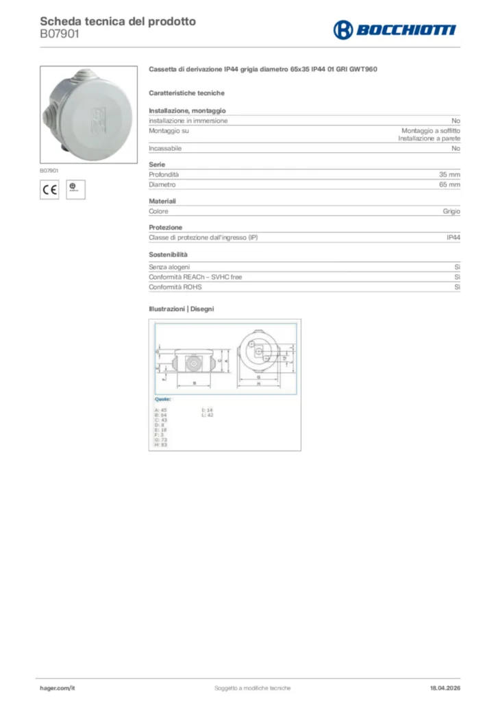Immagine Bocchiotti Scheda tecnica del prodotto B07901 | Hager Italia