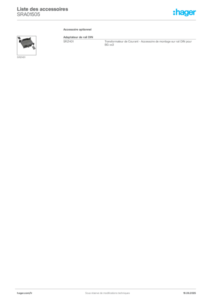 Image Hager Fiche technique du produit SRA01505 | Hager France