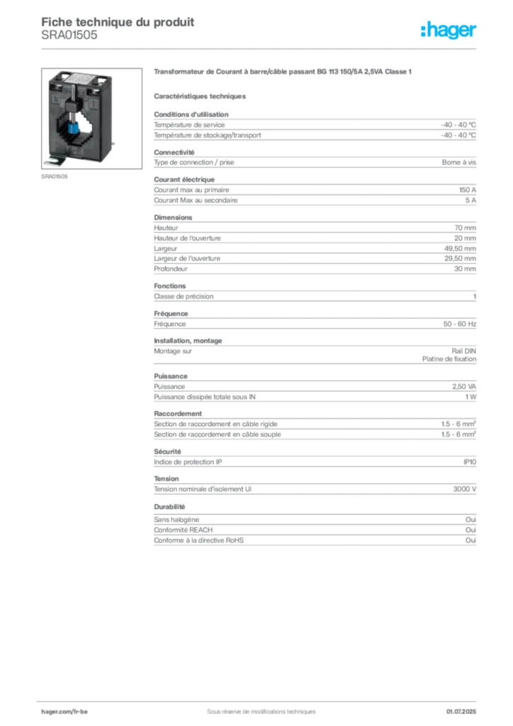 Image Hager Fiche technique du produit SRA01505 | Hager Belgique