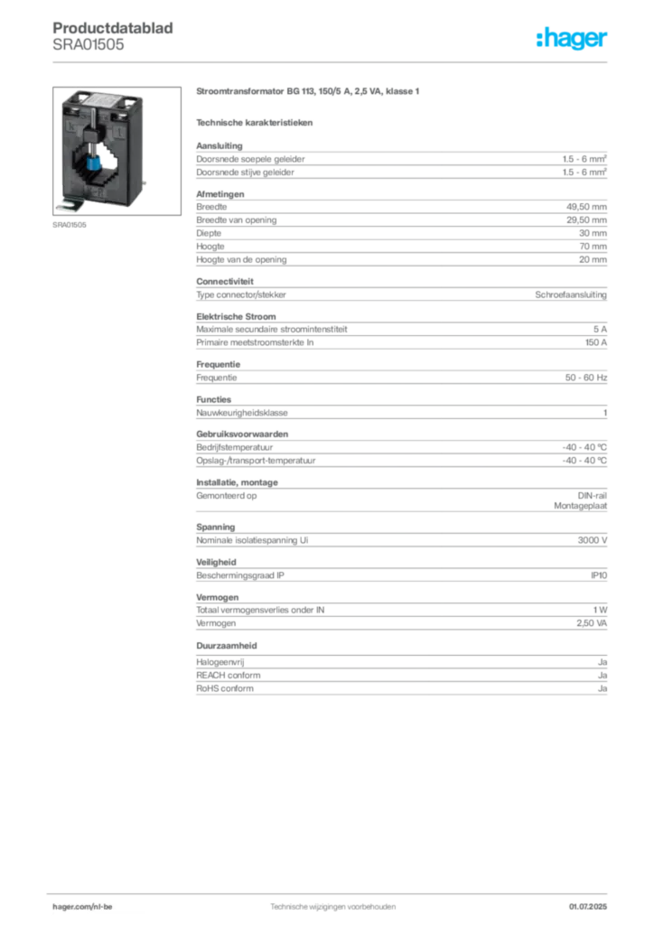 Afbeelding Hager Productdatablad SRA01505 | Hager Belgium