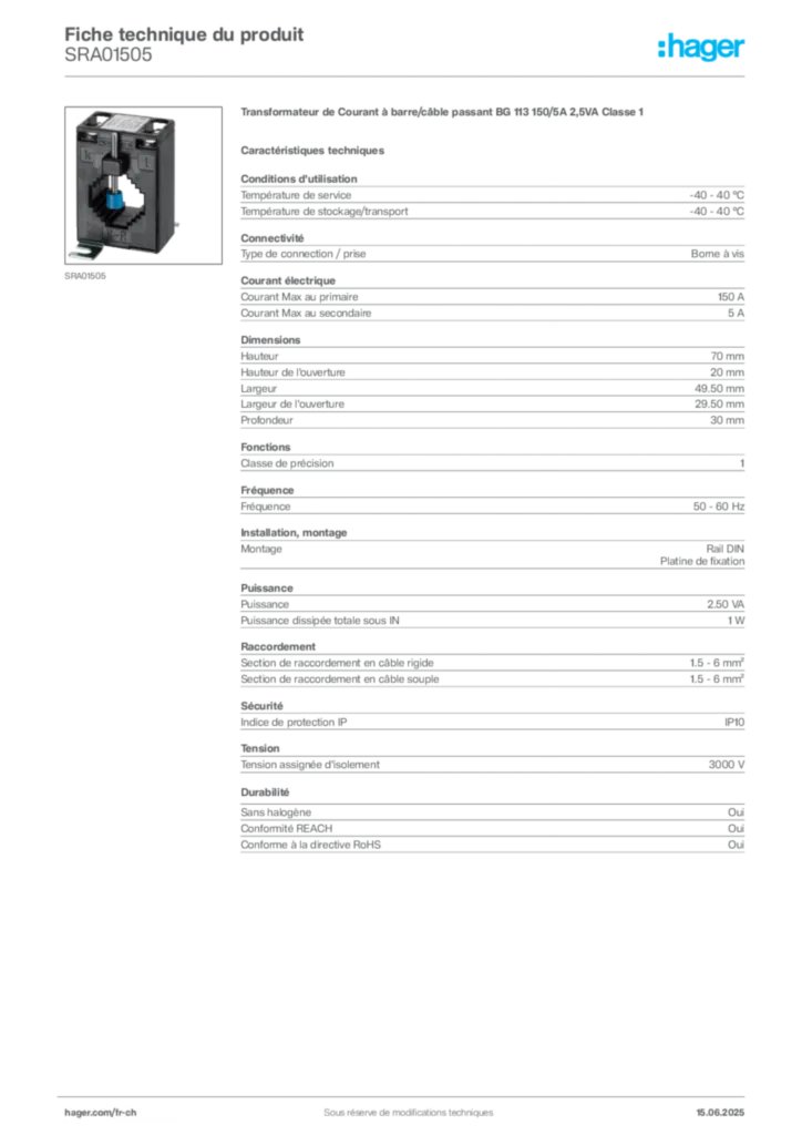 Image Hager Fiche technique du produit SRA01505 | Hager Suisse