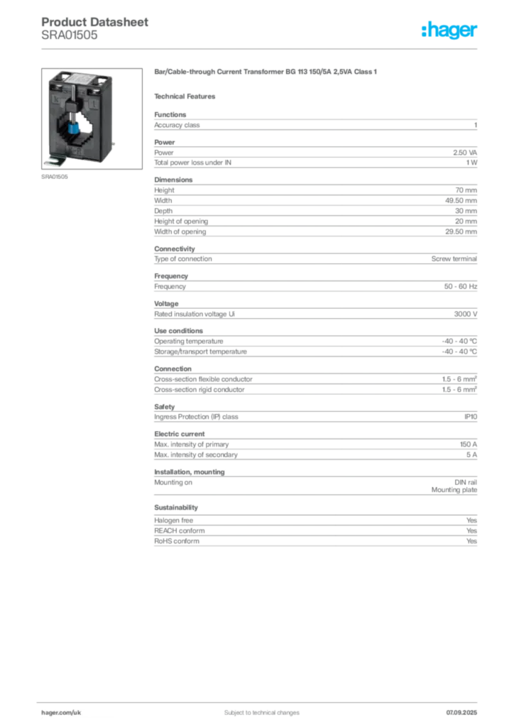 Image Hager Product data sheet SRA01505  | Hager