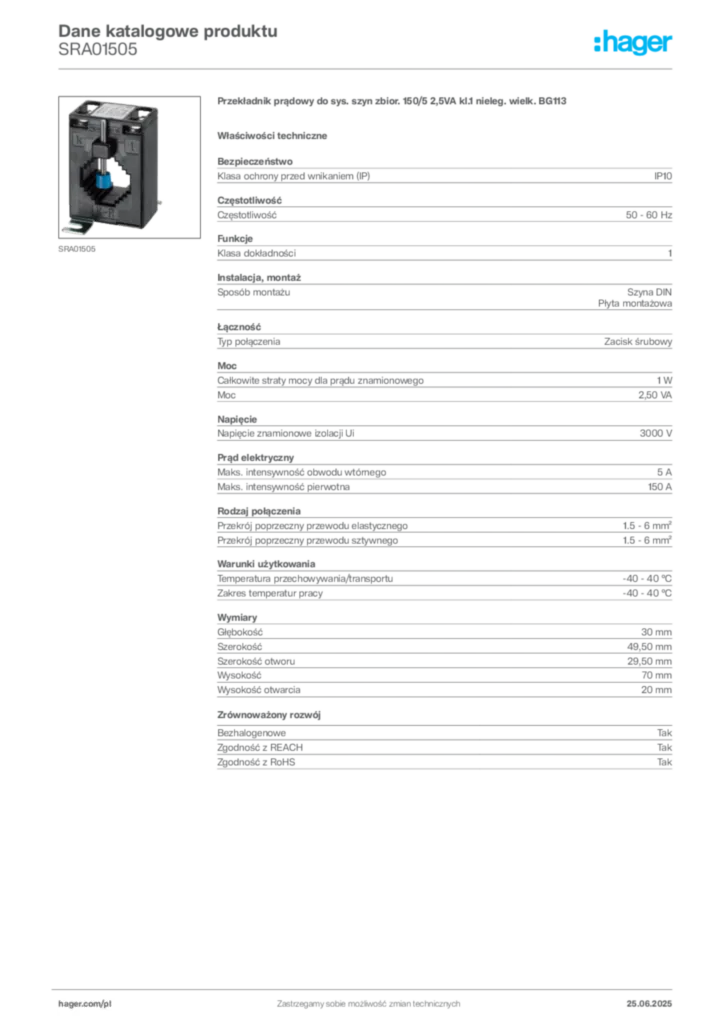 Zdjęcie Hager Karta katalogowa SRA01505 | Hager Polska
