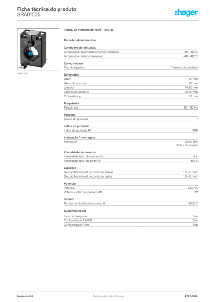Imagem Hager Ficha técnica do produto SRA01505 | Hager Portugal