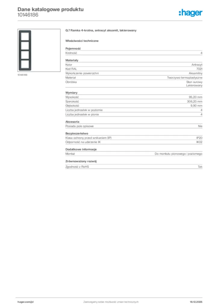 Zdjęcie Hager Karta katalogowa 10146186 | Hager Polska