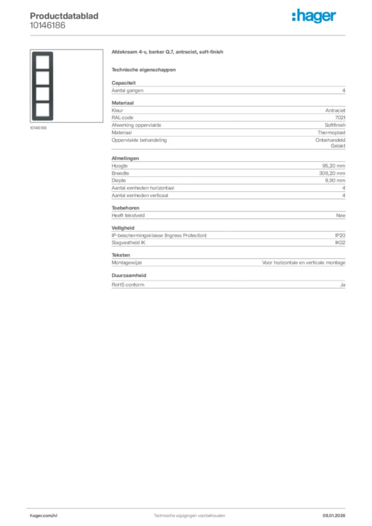 Afbeelding Hager Productdatablad 10146186 | Hager Nederland