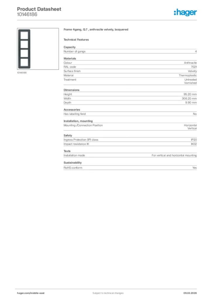 Image Hager Product data sheet 10146186  | Hager