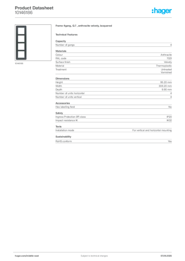 Image Hager Product data sheet 10146186  | Hager