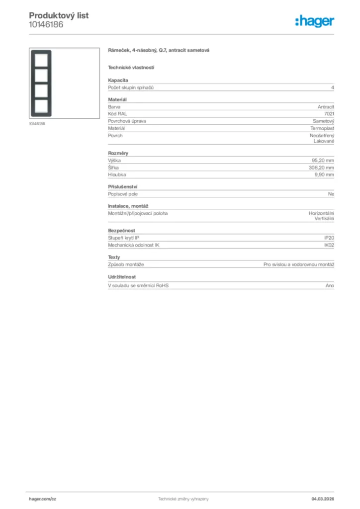 Obrázek Hager Product data sheet 10146186 | Hager
