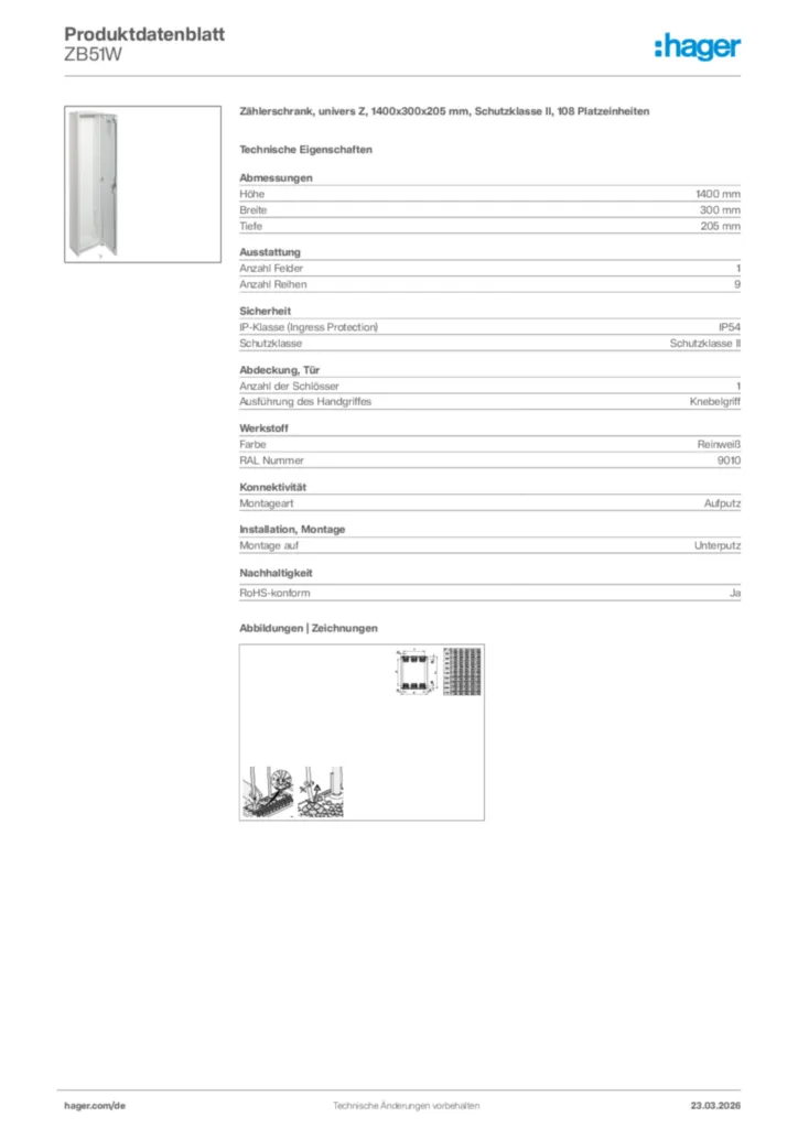 Bild Hager Produktdatenblatt ZB51W | Hager Deutschland